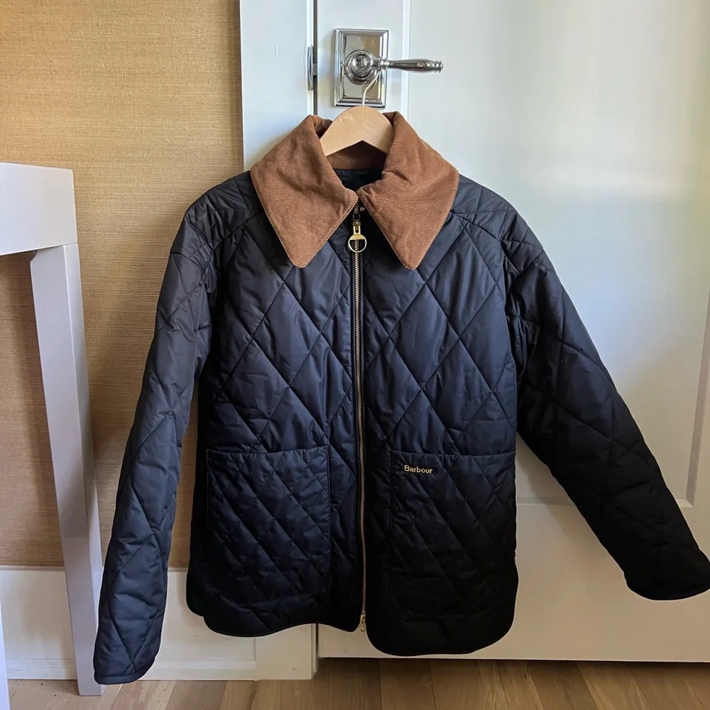 Barbour Black Quilted Puffer Jacket with Brown Cord Collar - Picture 4 of 8